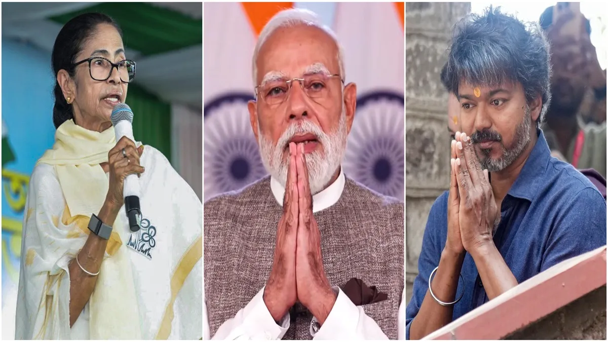 West Bengal Chief Minister Mamata Banerjee (L), Prime Minister Narendra Modi and TVK chief Joseph Vijay.